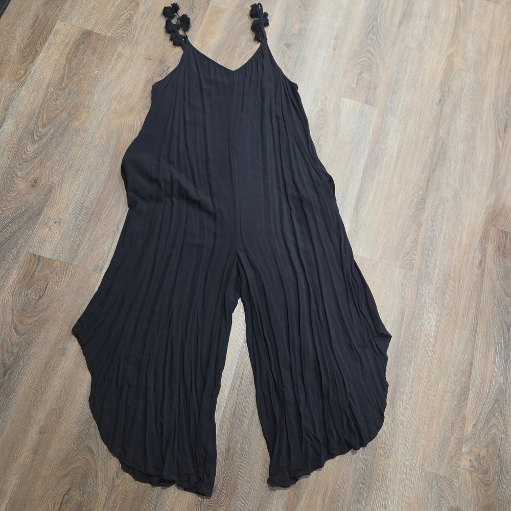 Cato Black Rayon Wide Leg Jumpsuit XL Tassel Straps Sharkbite Hem Boho Pockets